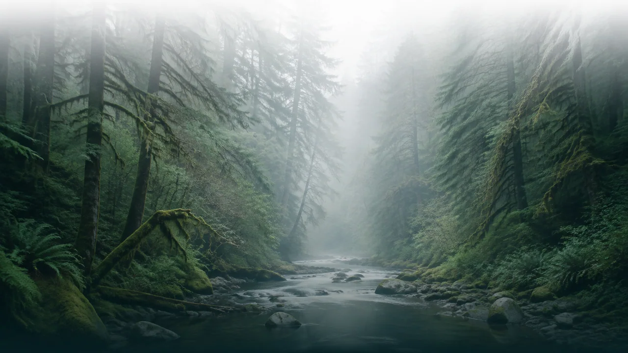 A misty evergreen forest surrounding a quiet creek