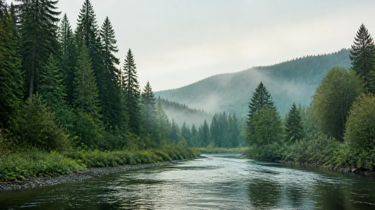 A calm river winding through a forested Oregon valley